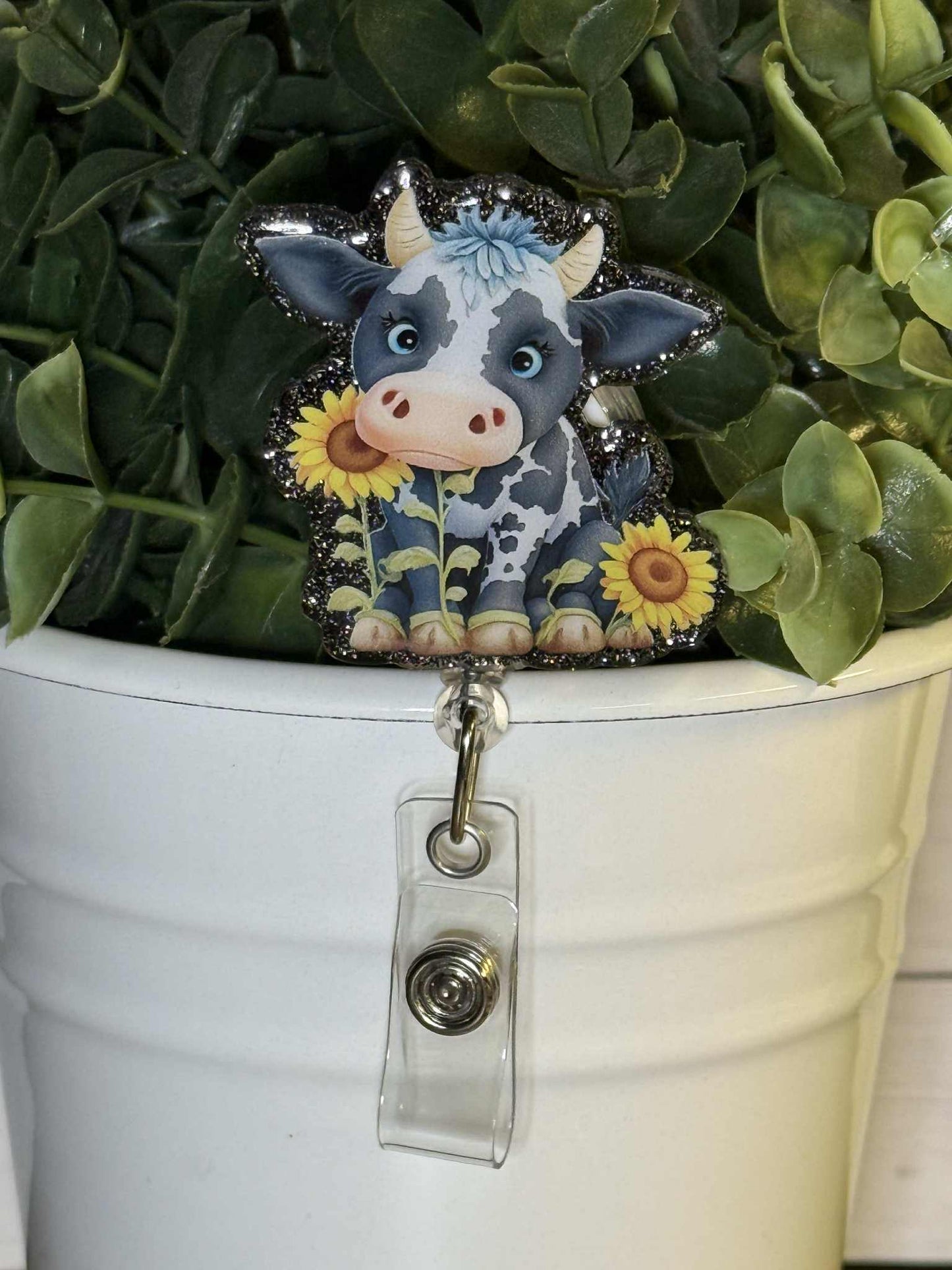 Cow with sunflowers-Black Glitter