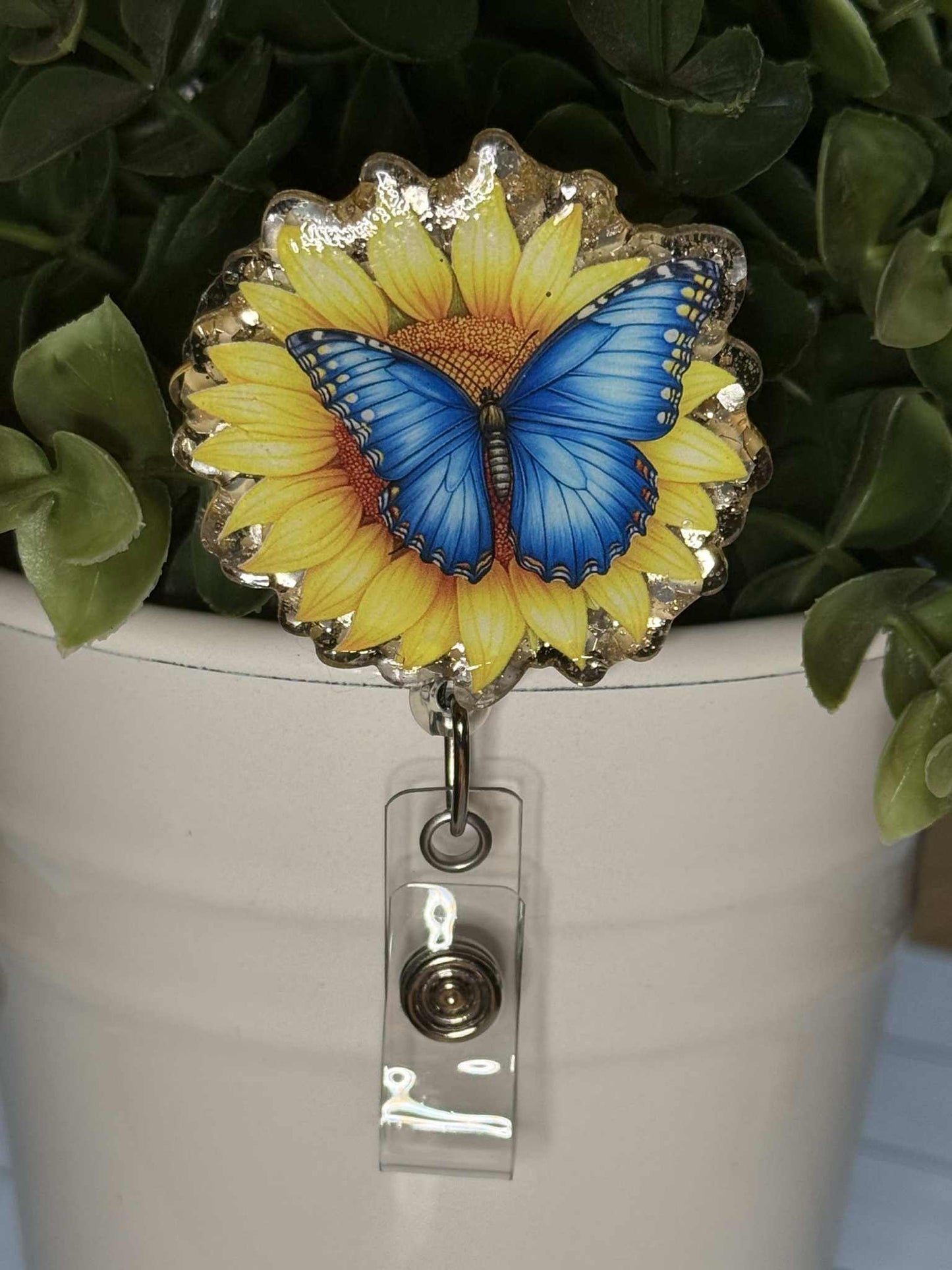 Blue Butterfly on flower-Gold Glitter